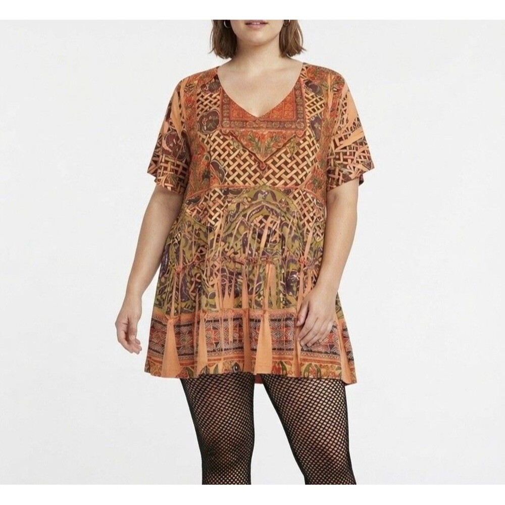 Womens 2X Susan Lawrence Boho Tee Flowy Shirt Geometric Floral Design Fairycore